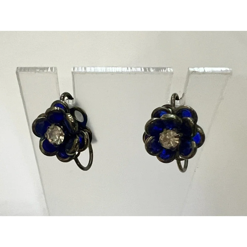 Vintage Cobalt Blue Glass‎ Floral Clip On Earrings Art Deco Rhinestone Flower